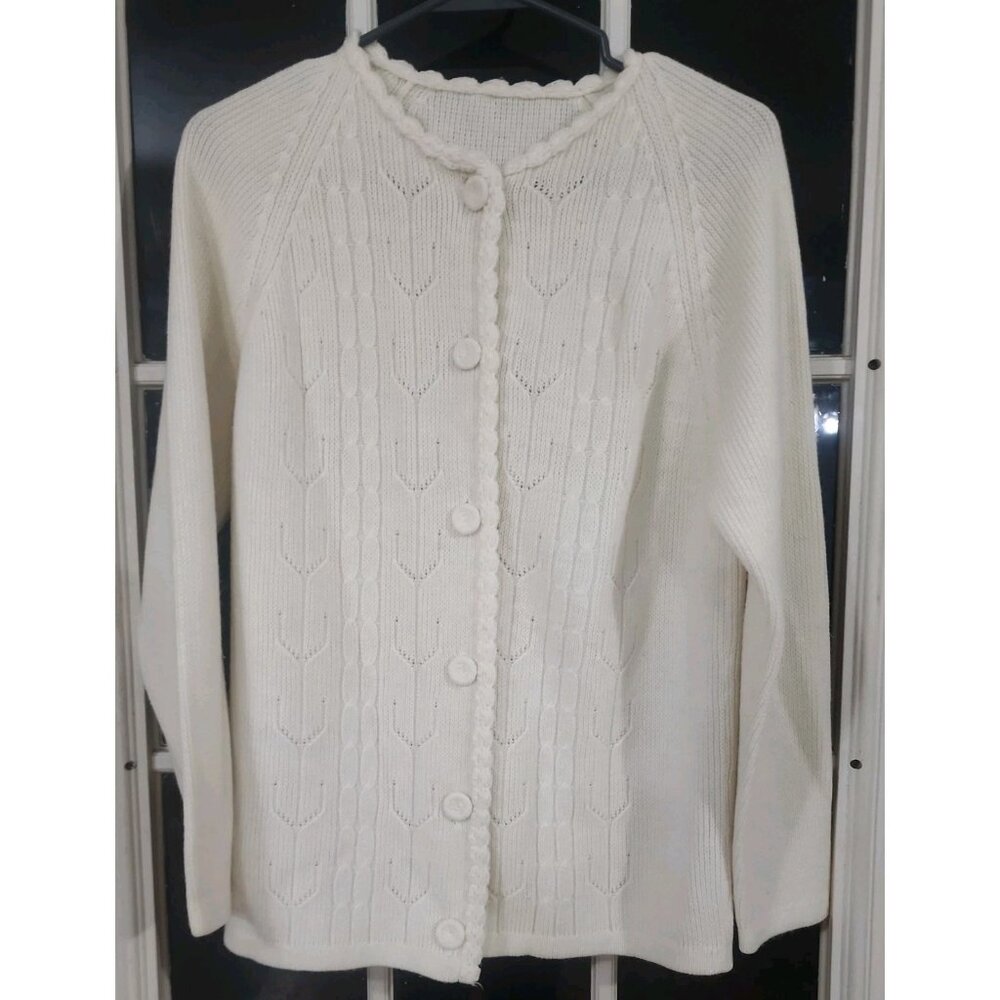 vintage off white knit cardigan with‎ yarn covered buttons size large grannycore